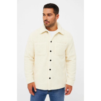 Erkek Pelüş Polar Hırka Gömlek – Yakalı, İlik Düğmeli, Göğüs Cepli, Yumuşak Dokulu Kışlık Regular Fit Rahat Günlük Model - Beyaz