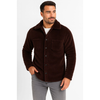 Erkek Pelüş Polar Hırka Gömlek – Yakalı, İlik Düğmeli, Göğüs Cepli, Yumuşak Dokulu Kışlık Regular Fit Rahat Günlük Model - Kahverengi