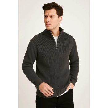 Erkek Yarım Fermuarlı Triko Kazak – Selanik Örgü, Dik Yaka, Pamuklu Dokuma, Regular Fit Uzun Kollu Kışlık Model - Füme