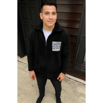 Erkek Polar Fermuarlı Sweatshirt – Kapüşonsuz, Cepli, Yumuşak Dokulu, Oversize Rahat Kalıp, Kışlık Sıcak Tutan Fermuarlı Üst - Siyah