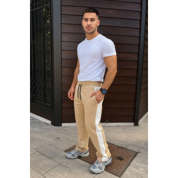 Erkek Üç İplik Kışlık Pamuklu Yandan Garneli Kalın Şeritli Cepli Eşofman Altı - Bej