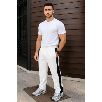 Erkek Üç İplik Kışlık Pamuklu Yandan Garneli Kalın Şeritli Cepli Eşofman Altı - Beyaz
