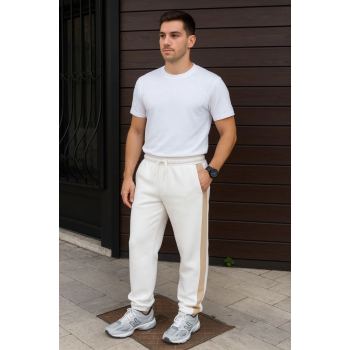 Erkek Üç İplik Kışlık Pamuklu Yandan Garneli Kalın Bej Şeritli Cepli Eşofman Altı - Beyaz