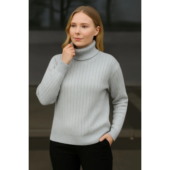 Balıkcı Yaka Bağazlı Triko Kazak Pamuklu Kalın Fitilli Dokuma - Gri