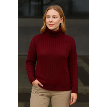 Balıkcı Yaka Bağazlı Triko Kazak Pamuklu Kalın Fitilli Dokuma - Bordo