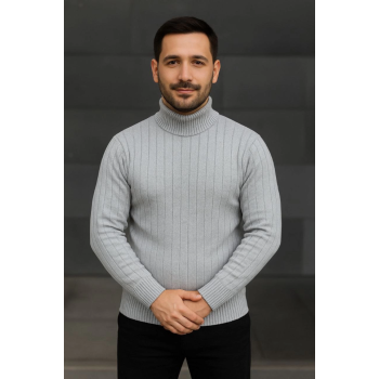 Erkek Balıkcı Yaka Bağazlı Triko Kazak Pamuklu Kalın Fitilli Dokuma, Regular Fit Uzun Kollu Kışlık Model - Gri