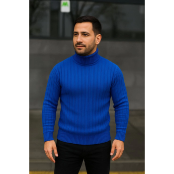 Erkek Balıkcı Yaka Bağazlı Triko Kazak Pamuklu Kalın Fitilli Dokuma, Regular Fit Uzun Kollu Kışlık Model - Saks Mavisi