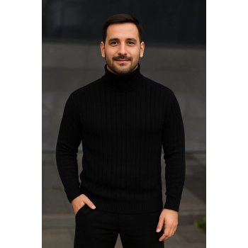 Erkek Balıkcı Yaka Bağazlı Triko Kazak Pamuklu Kalın Fitilli Dokuma, Regular Fit Uzun Kollu Kışlık Model - Siyah