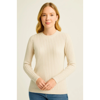 Bisiklet Yuvarlak Yaka Triko Kazak Pamuklu Kalın Fitilli Dokuma, Regular Fit Uzun Kollu Kışlık Model - Bej