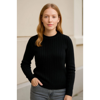 Bisiklet Yuvarlak Yaka Triko Kazak Pamuklu Kalın Fitilli Dokuma, Regular Fit Uzun Kollu Kışlık Model - Siyah