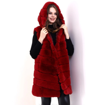 Kapşonlu Peluş Kürk Yelek Premium Kalite, Tam Astarlı, Uzun Model - Kırmızı