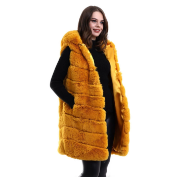 Kapşonlu Peluş Kürk Yelek Premium Kalite, Tam Astarlı, Uzun Model - Sarı