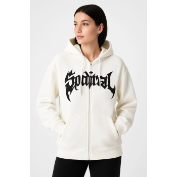 Oversize Kapüşonlu Sweatshirt Hoodie 3 İplik Şardonlu Pamuklu Kumaş, Önü Baskılı, Fermuarlı Rahat Kalıp, Kışlık Ve Sokak Stili Sweat - Beyaz