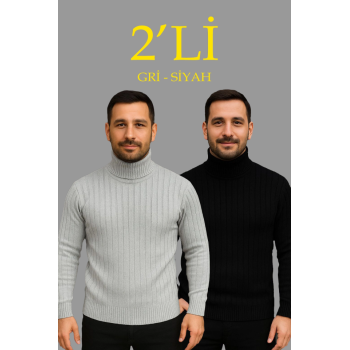 Erkek Fitilli Triko Kazak 2li Set Gri Siyah Regular Balıkcı Yaka Tam Boğazlı Triko Seti Modeli Kazak