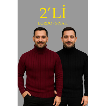 Erkek Fitilli Triko Kazak 2li Set Bordo Siyah Regular Balıkcı Yaka Tam Boğazlı Triko Seti Modeli Kazak