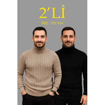 Erkek Fitilli Triko Kazak 2li Set Bej Siyah Regular Balıkcı Yaka Tam Boğazlı Triko Seti Modeli Kazak