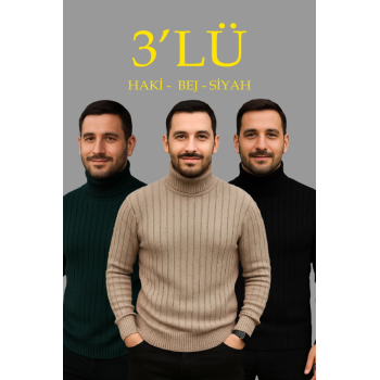 Erkek Fitilli Triko Kazak 3lÜ Set Bej Haki Siyah Regular Balıkcı Yaka Tam Boğazlı Triko Seti Modeli Kazak