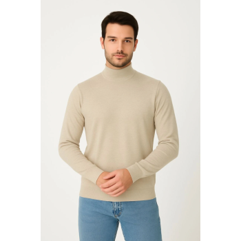 Erkek Yarım Boğaz Triko Kazak Yumuşak Dokulu Pamuklu Ince Dokuma, Uzun Kollu Rahat Regular Kalıp - Bej