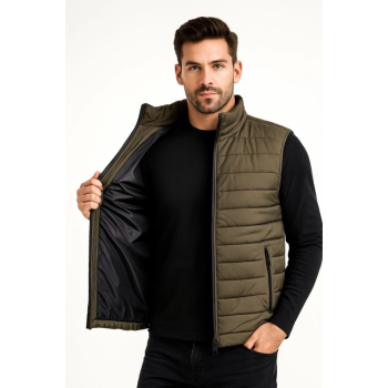 Erkek Şişme Fermuarlı Yelek Su Itici Kapitone Astarlı Kumaş Cepli Hafif Kışlık Spor Rahat Kalıp - Haki