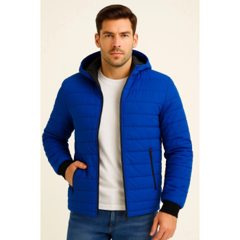 Erkek Şişme Kapüşonlu Fermuarlı Mont Su Itici Kapitone Astarlı Kumaş Cepli Kışlık Rahat Kalıp - Saks Mavisi