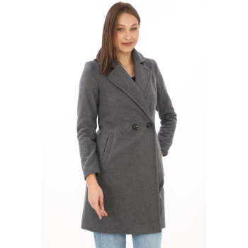 Kaşe Kaban – Siyah Yünlü Dokuma, Kruvaze Yaka, Astarlı, Cepli, Kuşaklı Uzun Boy Tesettür Uyumlu Kışlık Şık Kaban - Füme