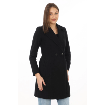 Kaşe Kaban – Siyah Yünlü Dokuma, Kruvaze Yaka, Astarlı, Cepli, Kuşaklı Uzun Boy Tesettür Uyumlu Kışlık Şık Kaban - Siyah