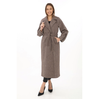 Uzun Kaşe Kaban – Yünlü Dokuma Kaşmir Kumaş, Kruvaze Yaka, Kuşaklı Astarlı Tesettür Uyumlu Şık Kışlık Siyah Model- Vizon