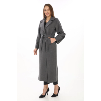 Uzun Kaşe Kaban – Yünlü Dokuma Kaşmir Kumaş, Kruvaze Yaka, Kuşaklı Astarlı Tesettür Uyumlu Şık Kışlık Siyah Model - Füme