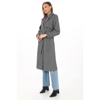 Uzun Kaşe Kaban – Balık Sırtı Dokuma Kaşmir Kumaş, Kruvaze Yaka, Kuşaklı Cepli Model, Oversize Rahat Kalıp - Boyalı Gri