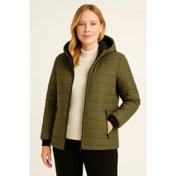 Şişme Kapüşonlu Fermuarlı Mont Su Itici Kapitone Astarlı Kumaş Cepli Kışlık Rahat Kalıp - Haki