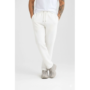 Erkek Üç Iplik Kışlık Pamuklu Ovarsize Bağcıklı Düz Paça Cepli Eşofman Altı Spor Rahat Model - Beyaz