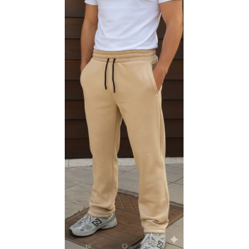 Erkek Üç Iplik Kışlık Pamuklu Ovarsize Bağcıklı Düz Paça Cepli Eşofman Altı Spor Rahat Model - Bej