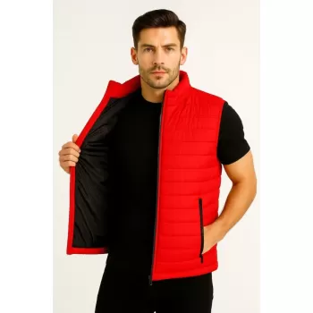 Erkek Şişme Fermuarlı Yelek Su Itici Kapitone Astarlı Kumaş Cepli Hafif Kışlık Spor Rahat Kalıp - Kırmızı