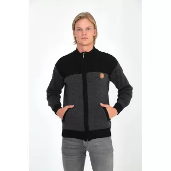 Erkek Fermuarlı Triko Hırka Yüksek Yaka, Cepli, Günlük Şık Rahat Kalıp Triko - Siyah