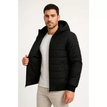Erkek Şişme Kapüşonlu Fermuarlı Mont Su Itici Kapitone Astarlı Kumaş Cepli Kışlık Rahat Kalıp - Siyah