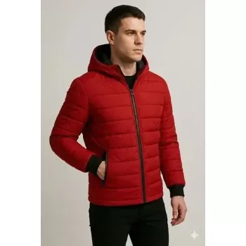 Erkek Şişme Kapüşonlu Fermuarlı Mont Su Itici Kapitone Astarlı Kumaş Cepli Kışlık Rahat Kalıp - Kırmızı
