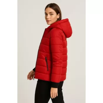 Şişme Kapüşonlu Fermuarlı Mont Su Itici Kapitone Astarlı Kumaş Cepli Kışlık Rahat Kalıp - Kırmızı