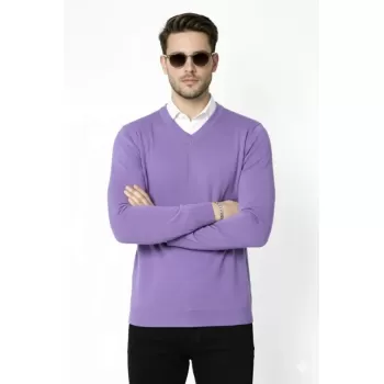 Erkek V Yaka Triko Kazak Yumuşak Dokulu Pamuklu Ince Dokuma, Uzun Kollu Rahat Regular Kalıp - Mor