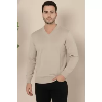 Erkek V Yaka Triko Kazak Yumuşak Dokulu Pamuklu Ince Dokuma, Uzun Kollu Rahat Regular Kalıp - Bej