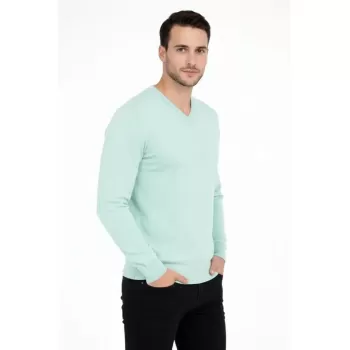 Erkek V Yaka Triko Kazak Yumuşak Dokulu Pamuklu Ince Dokuma, Uzun Kollu Rahat Regular Kalıp - Mint Yeşili