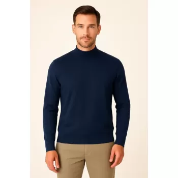 Erkek Yarım Boğaz Triko Kazak Yumuşak Dokulu Pamuklu Ince Dokuma, Uzun Kollu Rahat Regular Kalıp - Lacivert