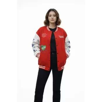 Kırmızı Varsity Çıtçıtlı Baskılı Oversize Kalıp Kolej Ceket - Kırmızı