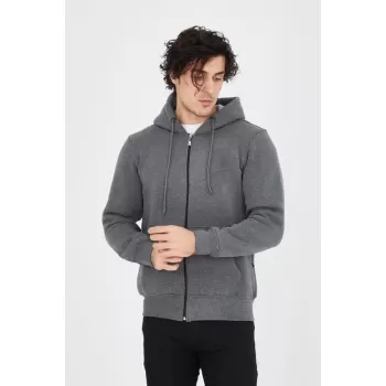 Erkek Kapüşonlu Düz Fermuarlı Hırka - Füme