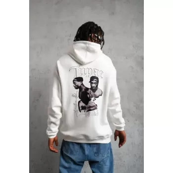 Erkek Kol Ve Etek Ribana Baskılı Kapüşonlu Sweat - Beyaz