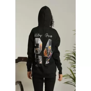 Baskılı Oversize Üç İplik Kapüşonlu Sweatshirt - Siyah