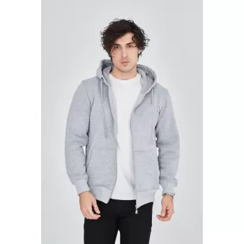 Erkek Kapüşonlu Düz Fermuarlı Hırka - Gri