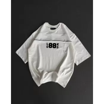 Unisex Bisiklet Yaka Baskılı Oversize T-Shirt - Beyaz