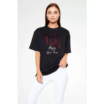 Unisex Bisiklet Yaka Baskılı Oversize T-Shirt - Siyah
