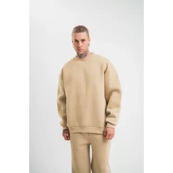 Uzun Kol Bisiklet Yaka Basic SweatShirt - Bej