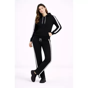 KADIN Yandan Şeritli Eşofman Takım Kapüşonlu Sweatshirt Boru Paça Alt, Oversize 3 Iplik Pamuklu - Siyah